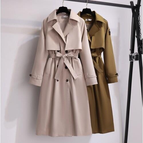 Ailegogo Casual Female Turndown Collar Loose Long Trench Coat Autumn Women Double Breasted Windbreaker with Belt Ladies Ouwear