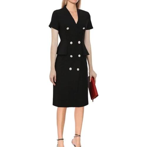 New Solid Women Double Breasted Dress Elegant V-Neck Short Sleeve Work Dresses 4603