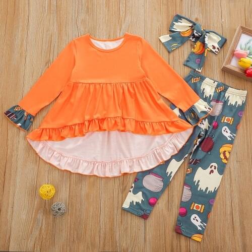 3Pcs Kids Halloween Casual Tracksuit Splicing Long Sleeves Frilly Blouse + Ghost Print Pants + Headband Girls 1-5 Years
