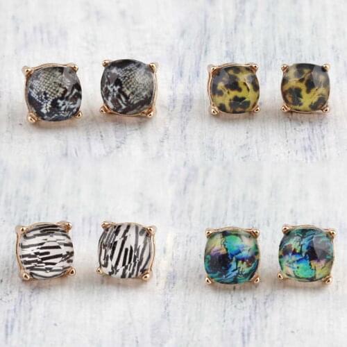 ZWPON Mini Square Resin Leopard Dot Earrings for Women Trendy Black Plaid Stud Earrings Epoxy Zebra Abalone Earrings Jewelry