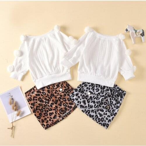 Stylish Toddler Kids Baby Girl Long Sleeve Fur Ball Pullover Sweater Tops Leopard A-line Skirt 2PCS Girls Clothing Set