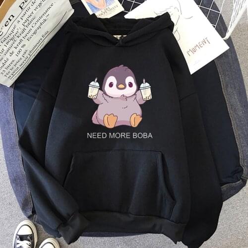 Cute Penguin Boba Tea Hooded Sweatshirt Harajuku Hoodies Lovely Kawaii Casual Hoody O-Neck Womens Hoodie