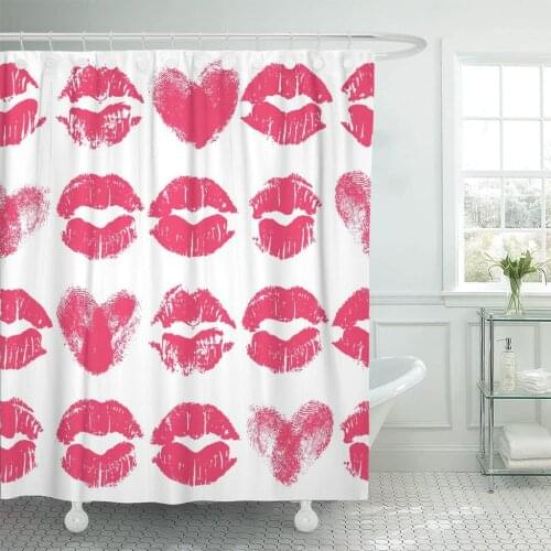 Kiss Lipstick Kisses and Fingerprint Hearts Imprints of Pink Shower Curtain Waterproof Fabric 72 x 78 Inches Set with Hooks