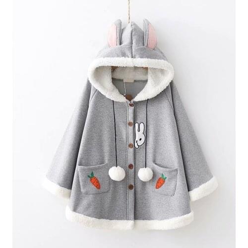 Cute Carrot& Rabbit Women Cape Coat Batwing Sleeve Japanese MORI GIRL Fall Winter Hooded Sweatshirt Tops Cashmere Thicken Cloak
