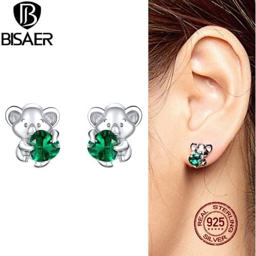 BISAER Cute Koala Stud Earrings Real 925 Sterling Silver Green Zircon Animal Small Earrings For Women Original Jewelry EFE390