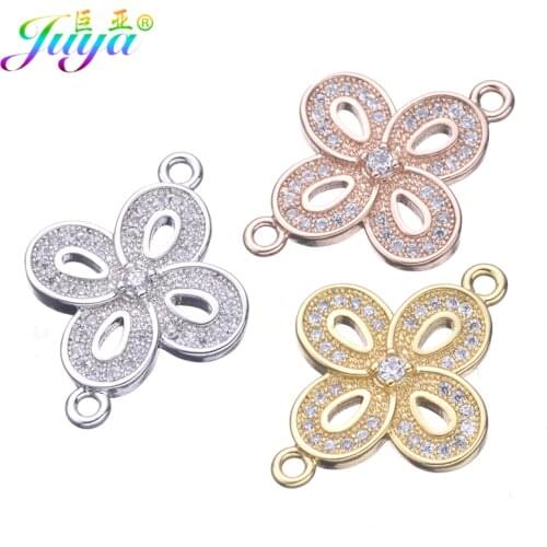 Juya DIY Women Fashion Bracelet Necklace Earring Making Findings Supplies For Micro Pave CZ Flower Connector Charms Accessories