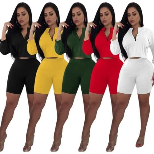 2021 Summer Womens 2-Piece Set Casual Suit Sexy V-Neck Short Top Shirt Solid Color Knee Length Pants Slim Sportswear