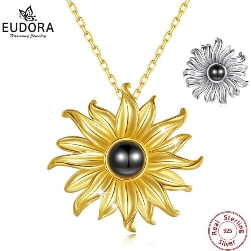 EUDORA 925 Sterling Silver Summer golden sunflower Pendant I love you 100 language Necklace with box Women sister Fine Jewelry