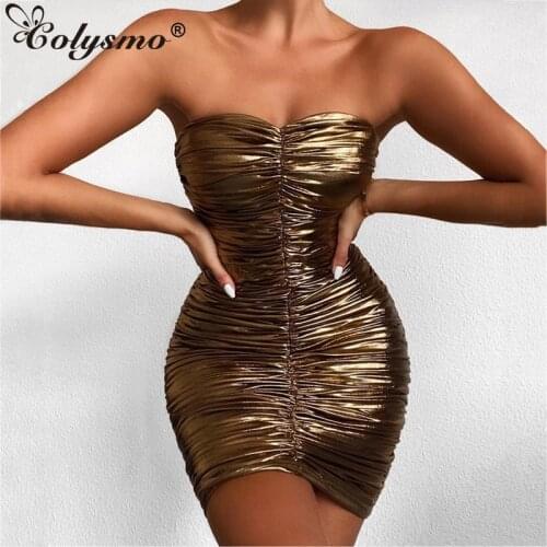 Colysmo Glitter Summer Dress Strapless Ruched Mini Solid Color Sleeveless Bodycon Dresses for Women Chic Sexy Club Party Vestido