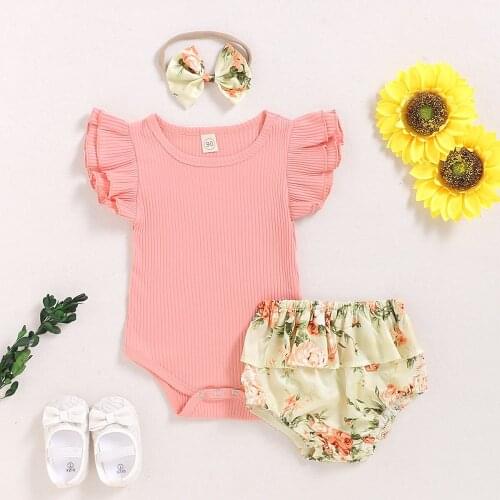 3pcs Newest Summer Toddler Infant Baby Girl Cotton Casual Outfits Set Letter Bodysuit+ Shorts+Headband Cute Baby Clothes