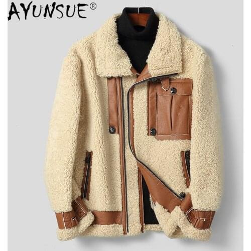 AYUNSUE Natural Sheep Shearling Coat Men Winter 2021 Mens Fur Coats Motorcycle Short Real Wool Parkas Jaqueta Masculina Gxy265