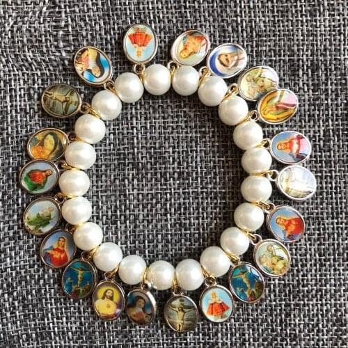 Free shipping 5pcs/set religious glass faux pearl 21bead bracelet double side saint picture with epoxy rosary bangle icon charm