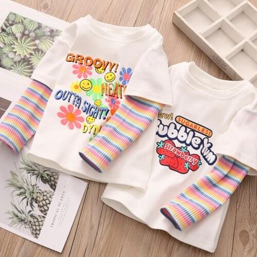 Kids Clothing 2021 New Spring Toddler Girls Cotton T Shirt Baby Fashion Flower Strawberry Print Fake Two Tshirt for Girls 2-8 Y