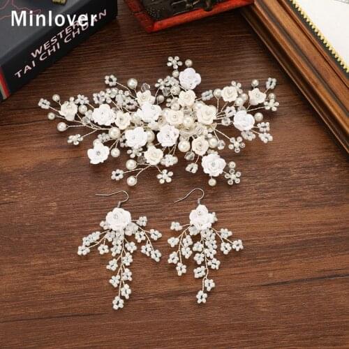 Minlover Elegant White Floral Simulated Pearl Hair Combs & Earrings for Bridal Pure Wedding Hair Accessories Headpieces MFS188