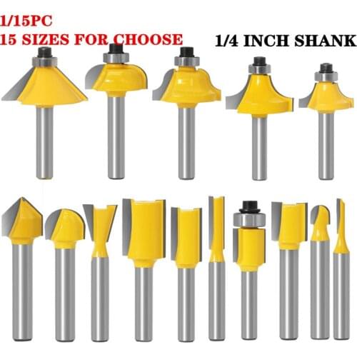 1-15pc 6.35mm Shank Wood Router Bit Straight End Mill Trimmer Cleaning Flush Trim Corner Round Cove Box Bit Woodworking Bit Tool