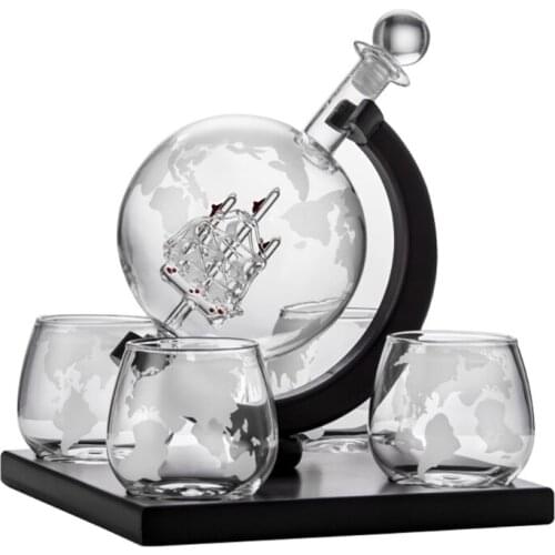 Whiskey Decanter Globe Set with 4 Etched Globe Whisky Glasses - for Liquor, Bourbon, Vodka Dropshipping