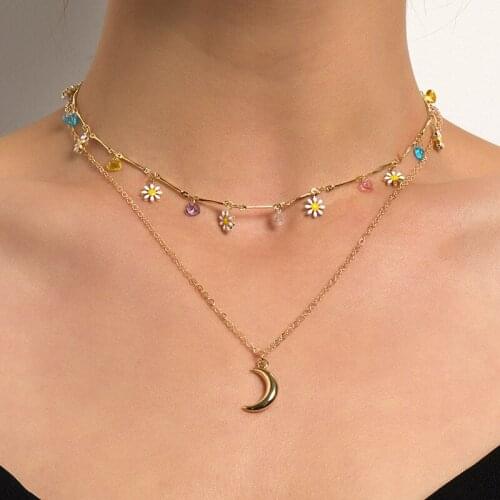 Korean Fashion Double Layer Moon Daisy Necklace Short Long Neck Chain Wedding Jewelry Colorful Bead Eye Round Summer Collar Gift