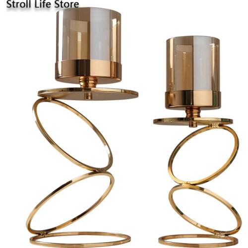 Nordic Metal Candlestick Geometric Glass Candle Holder Wind Lamp Windproof Candle Stand Wedding Home Decoration Ornaments FC481