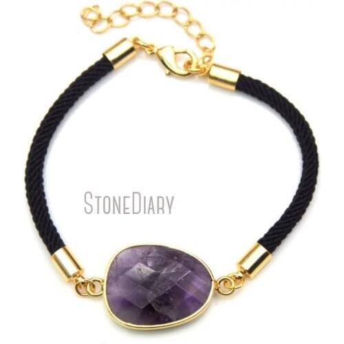 10Pcs Fashion Gold Color Faceted Irregular Shape Bracelet Dog Teeth Amethysts Bracelet Black Fiber Cotton Adjustable BM14835