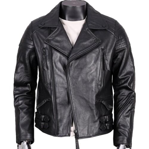 New Punk Big Lapel Diagonal Zipper Top Layer Mens Cowhide Motorcycle Leather Jacket Genuine Leather Coat Male
