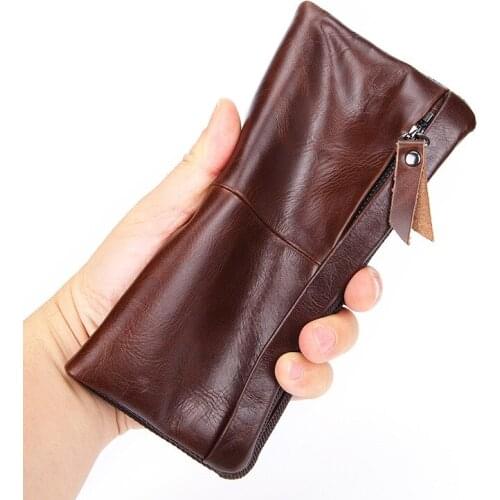 Genuine Leather Men Long Zipper Hasp Card Holer Soft Purse