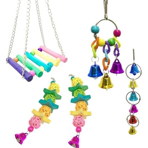 5Pcs Pet Bird Toys Parrot Toys Set DIY Cage Hanging Pendant Swing Rattan Bell Bite Toys Intelligence Bird Training Accessories