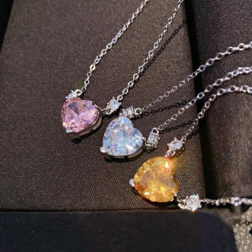 Cute Bling Simple Pink Heart Pendant Necklace for Women 925 Silver Link Chain Fashion Yellow Zircon Necklace Girl Party Jewelry