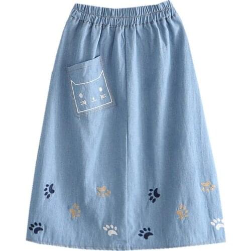 Casual Harajuku Vintage High-waist Denim Long Skirt Women Korean Fashion Cute Cat Embroideried A-line Elastic Loose Summer Skirt