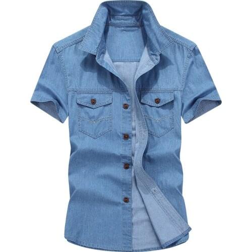 Summer short-sleeved denim shirt, pure cotton casual loose large size mens shirt, thin shirt