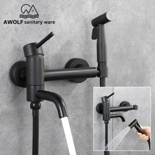 Hand Held Toilet Bidet Sprayer Douche Kit Black Mixer Tap Wall Mounted Copper Bathroom Cleaning Cold&Hot Shattaf Shower AP2126