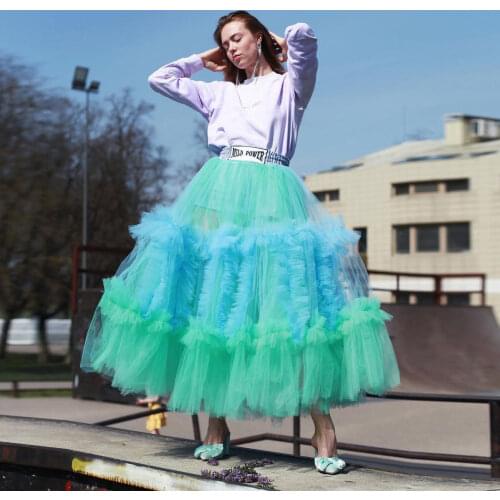 Sky Blue Chic Tulle Skirts Girls Saia Fashion Skirts Ruffle Above Knee Length Tulle Skirt Mesh