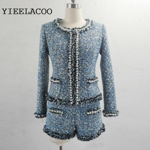 Blue tweed jacket + shorts suit beaded spring /autumn womens coat office slim advanced customization Heavy coat + shorts suit