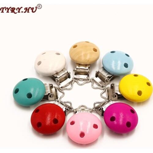 TYRY.HU Safe Natural Wood Baby Pacifier Clips Metal Holder 100PC Wholesale Wooden Round Dummy Soothers Chain Clasps Accessories