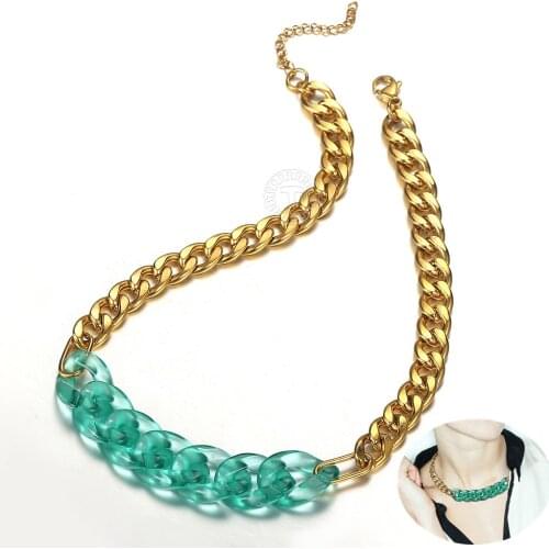 Unique Retro Green Resin Choker Necklace Women Vintage Cuban Chain Chunky Statement Necklace Stylish Cool Lady Accessory DN285