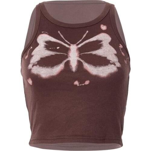 Y1QD Women Summer Sleeveless Crop Top Harajuku Gradient Butterfly Graphic Printing Slim Vest Vintage 90s Aesthetic O-Neck Tank