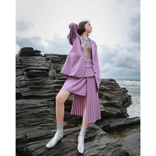 High Waist Purple Pleated Bandage Split Joint Asymmetrical Half-body Skirt Women Fashion Tide New Spring Autumn
