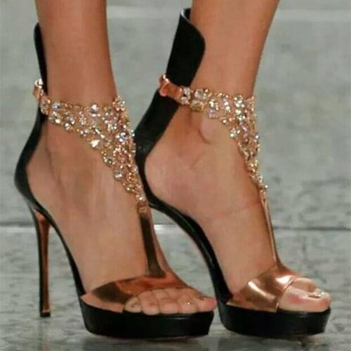Ladies New Fashion Bling Bling Gold Silver Rhinestone One Strap Gladiator Sandals Ankle Wrap Crystal High Heel Sandals