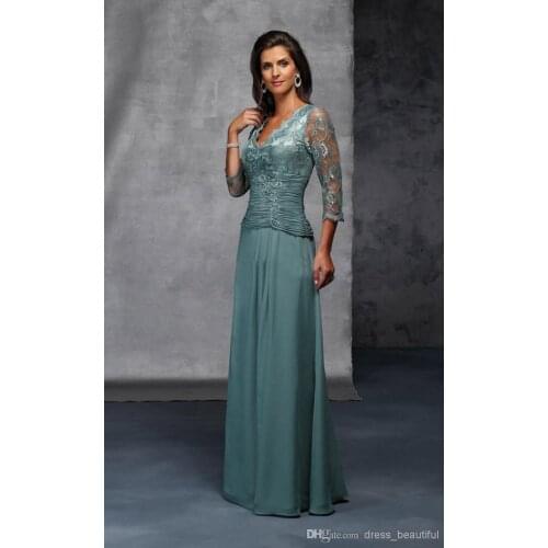 2016 New Three Quarter Sleeves Lace Custom Made Dark Green V Neck A-Line Column Floor Length Mother of the Bride Dresses DX7608