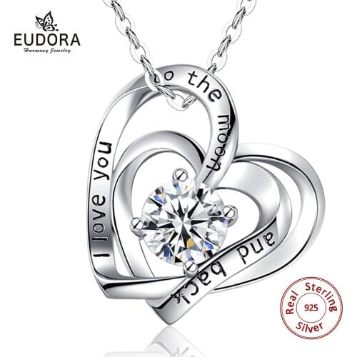 Eudora 925 Solid sterling silver clear Crystal heart to heart Necklace I love you to the moon and back Jewelry for women D597