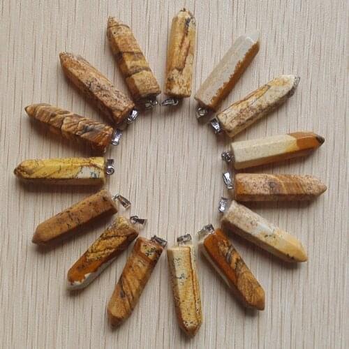 2018 Fahsion Hot sale natural picture stone Charm Hexagonal pillar point pendants for jewelry marking Wholesale 24Pcs Free