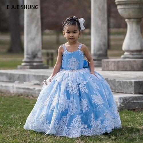 E JUE SHUNG Blue and White Lace Ball Gown Flower Girl Dresses Crystal Sash Big Bow First Communion Dresses Pageant Gowns