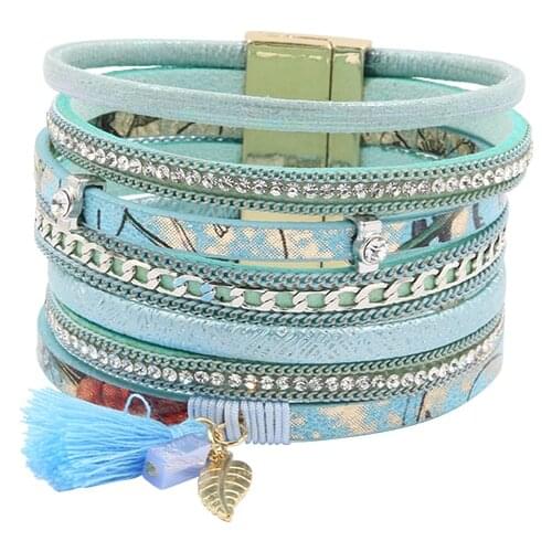 Bracelet PU Leather Bracelets&Bangles For Women Pulseira Multi Rows Crystal Set Flower Printed Handmade Magnetic Pulseras Mujer