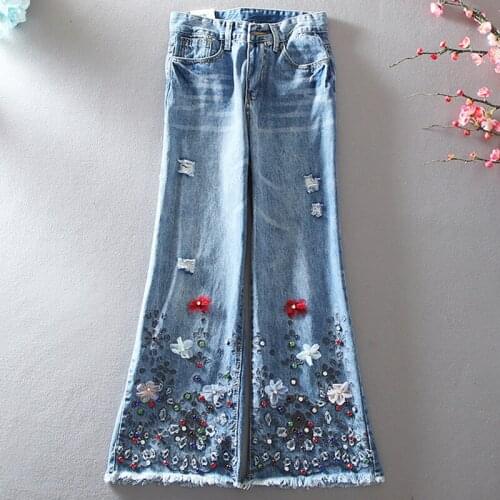 New Luxury Beading Wide Leg Pants Women Fashions High Quality High Waist Jeans Female Hole Hollow Out Casual Trousers Blue