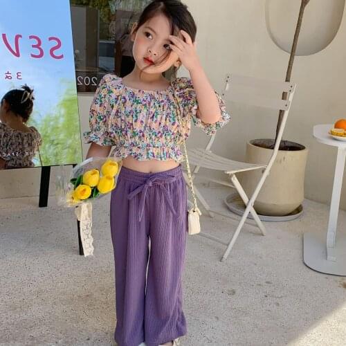 Kids Boutique Clothing Wholesale Baby Girl Summer Clothes Sets Floral Crop Top and Long Pants Children Clothing Sets