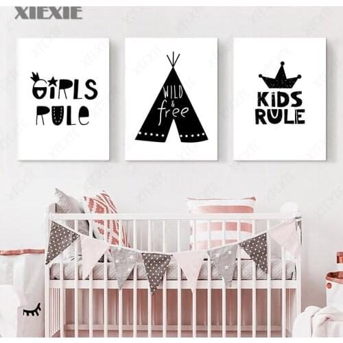 Baby Nursery Poster Black and White Cartoon Quotes Crown Wall Art Canvas Painting Nordic Decoration Picture Kid Baby Room Decor