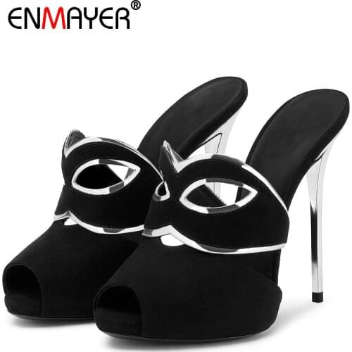 ENMAYER Women Shoes Flock Fashion Solid Summer Sexy Thin High Heels Outside Women Slippers Platform Microfiber Slippers Women