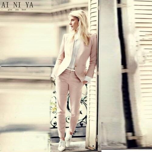 CUSTOM light pink 2020 fashion womens business suits 2 piece blazer set slim fit female office uniform ladies pant suits