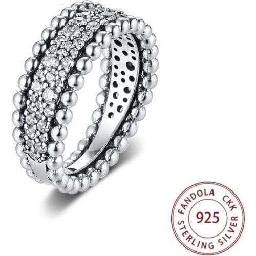Authentic 925 Sterling Silver Ring Clear CZ Beaded Pave Band Wedding Engagement Rings for Women Fashion Jewelry Gift anillos