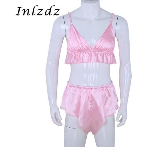 2Pcs Mens Sissy Crossdresser Erotic Lingerie Suit Silky Bra Top with Loose Triangle Briefs Male Lingerie Sissy Underwear Set