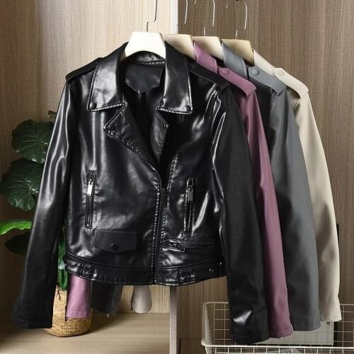 Korean Slim Lapel Long Sleeve Leather jacket Casual Moto Faux PU Leather jacket Spring 2021 Streetwear Short Biker Jacket Female